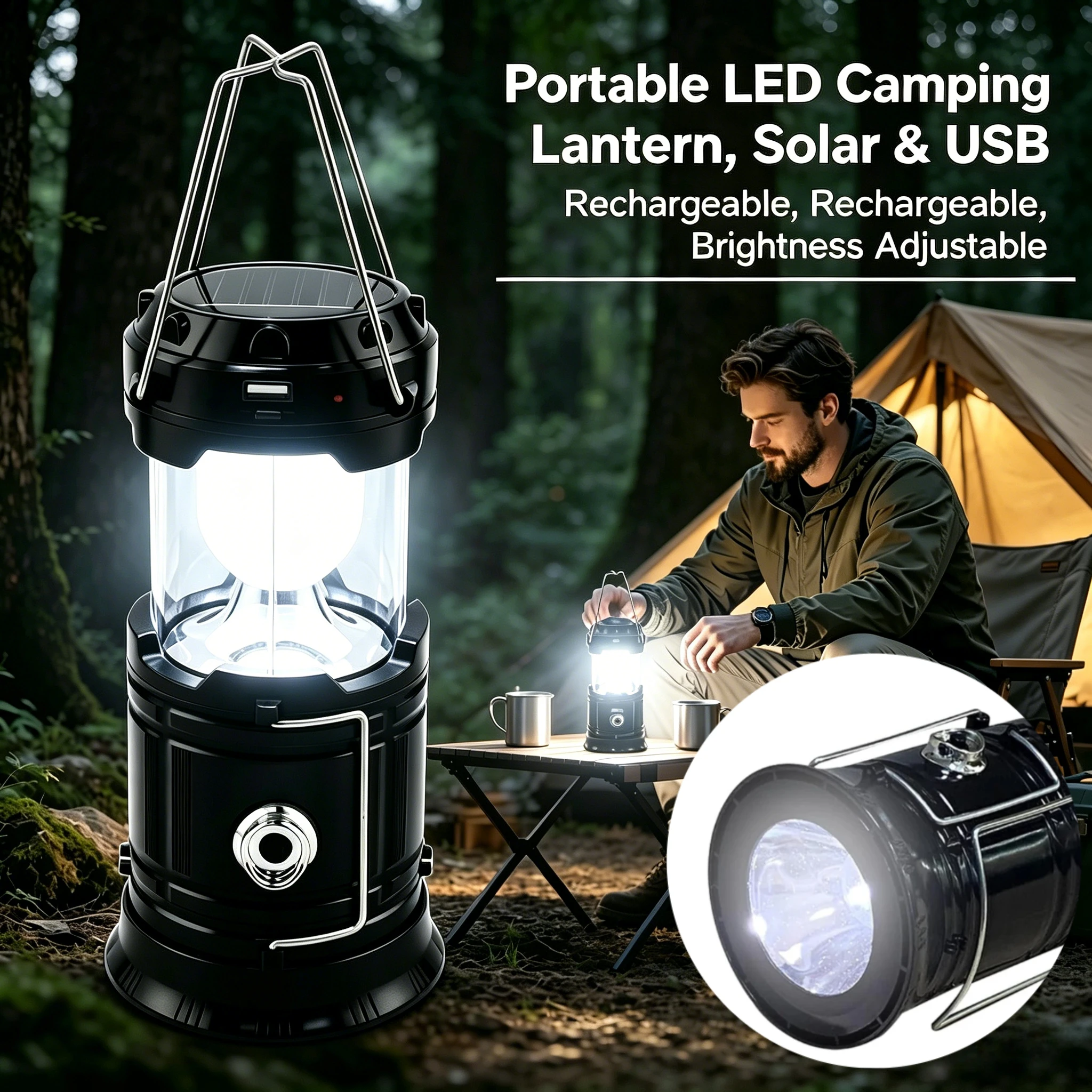 

Solar & USB Rechargeable LED Camping Lantern Collapsible Portable Flashlight for Emergency Power Outage Storm