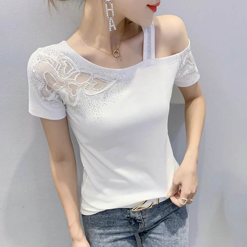 Sexy oulder Bared T irt Donna ort Sve Summer Faion Design Sense Little Cro Quali Top Trendy Hotfix Strass...