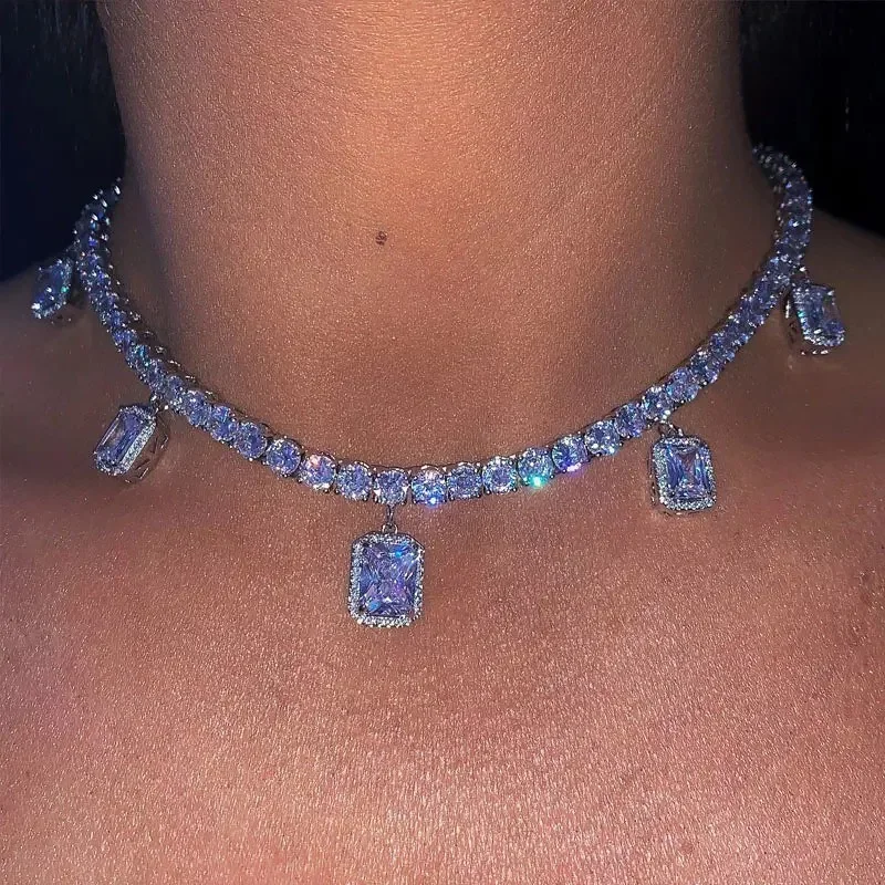 2025 New Women Choker Necklace 32+10cm with Multi Butterfly Square Shape Charm Paved Short Necklace for Hip Hop Wedding Gift
