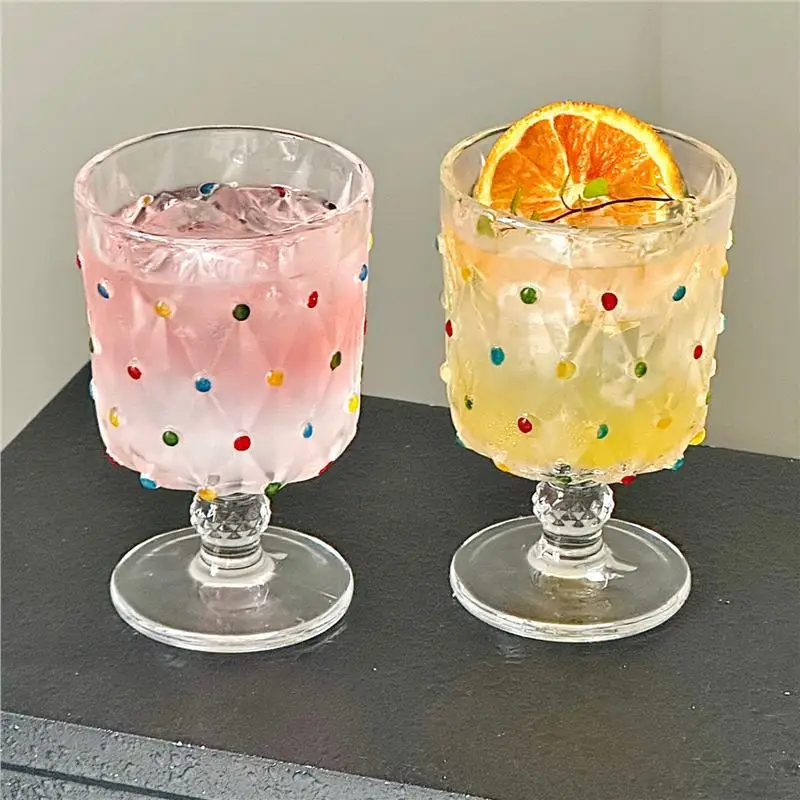 European Retro High Footed Glass Cup, Painted Polka Dot Whiskey Glass, High-end Brandy Champagne Wine Glasses Bar Accessories