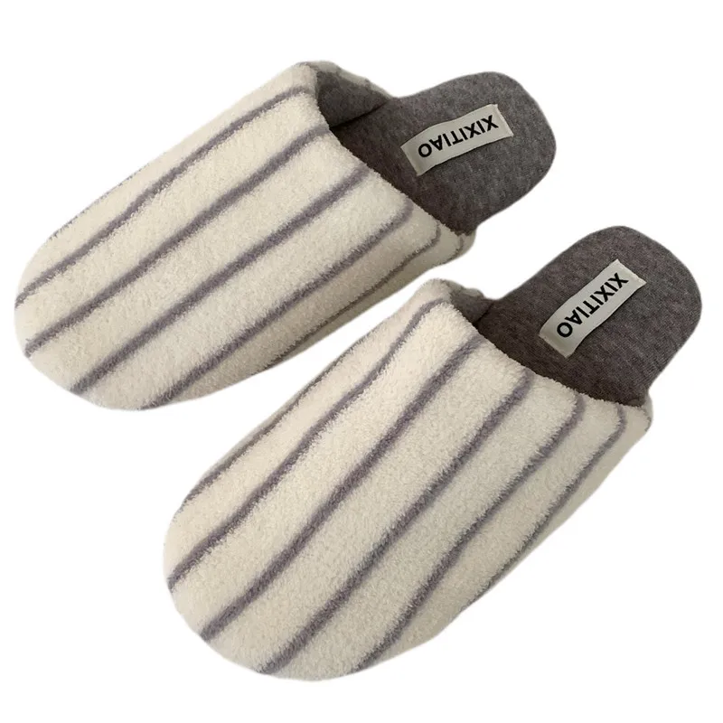 Unisex Striped Cotton Slippers Soft Comfortable Warm Autumn Winter Bedroom Home Slippers with Bag Head Fun Household Footwear