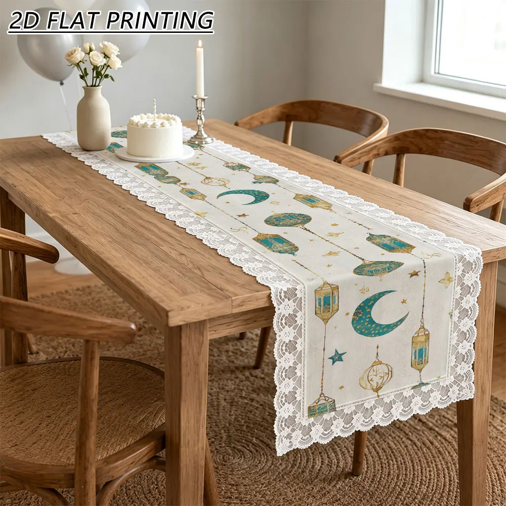 1pc Ramadan Moon Lantern Pattern Tulle Lace Table Runner For Muslim Family Eid Decor