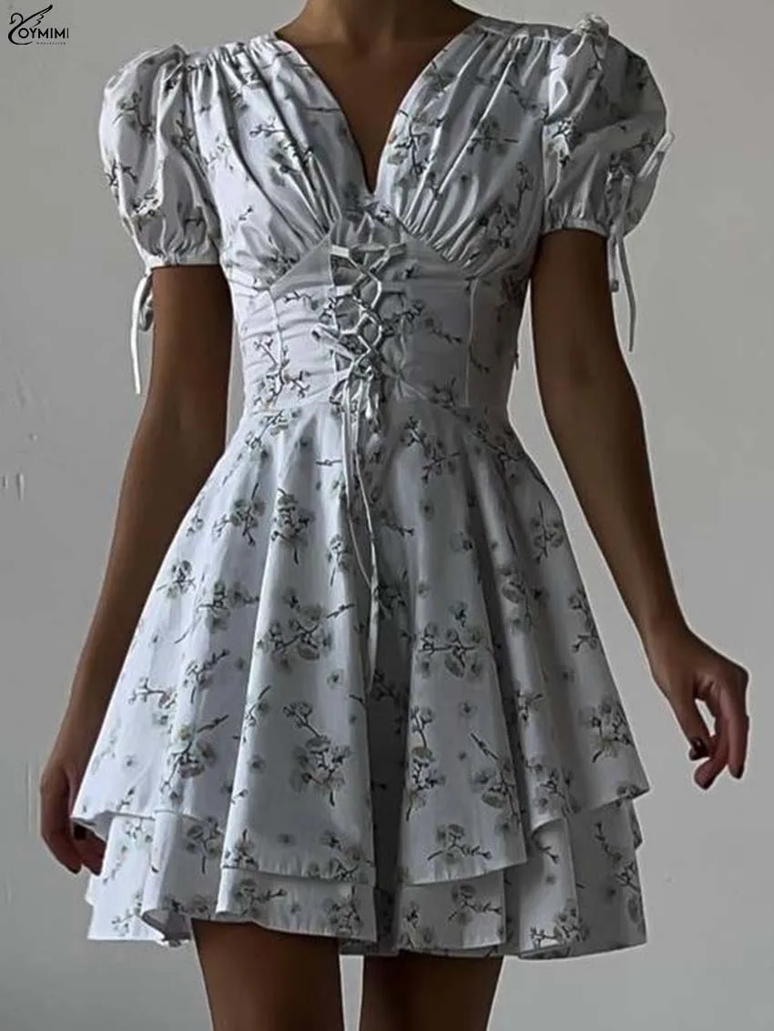 

Oymimi Fashion White Print Women's Dress Elegant V-Neck Short Sleeve Lace-Up Dresses Casual High Waisted Pleated Mini Dresses