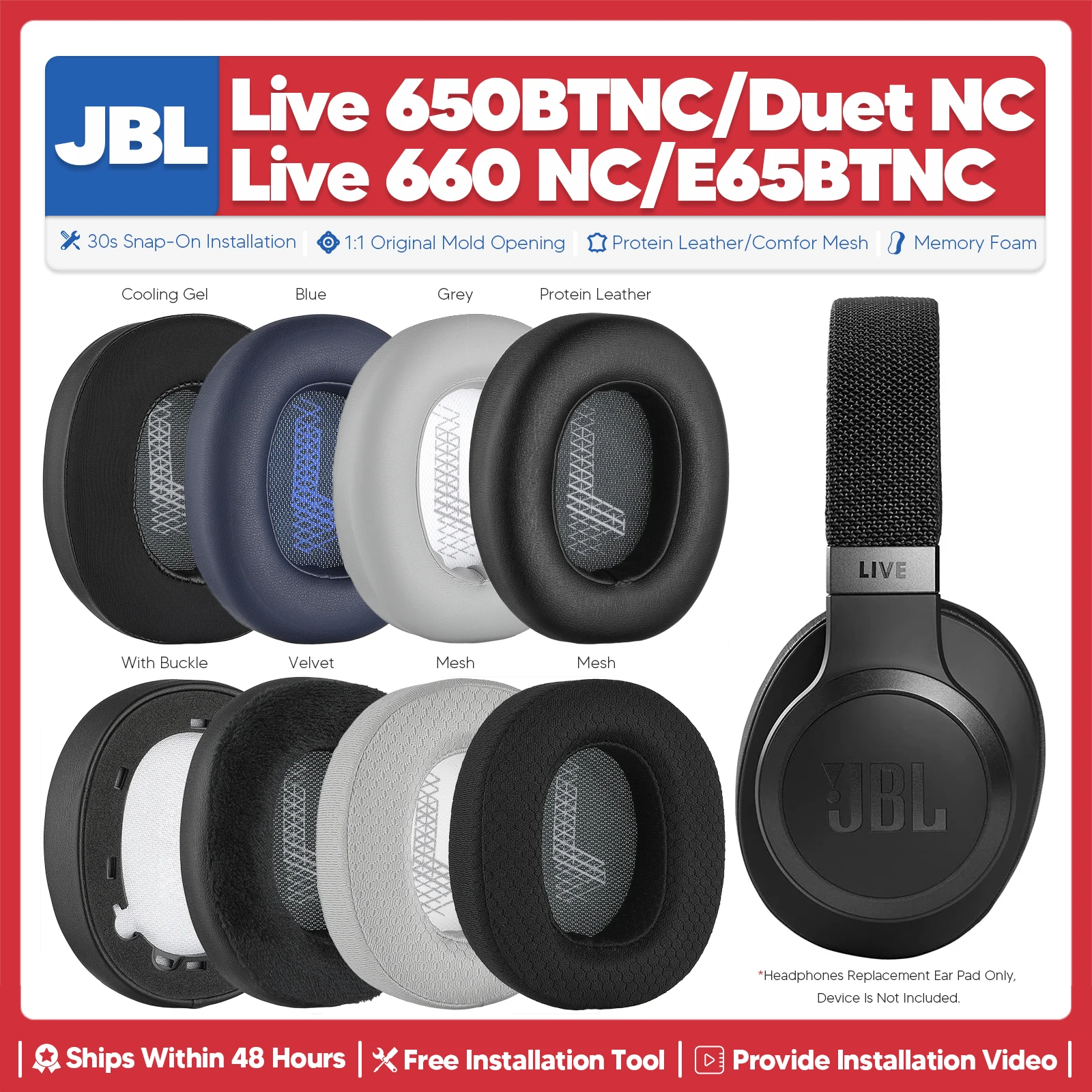 Replacement Ear Pads For JBL Live 650BTNC Live 660NC E65BTNC Duet NC Headphone Accessories Headset Ear Cushion Repair Parts