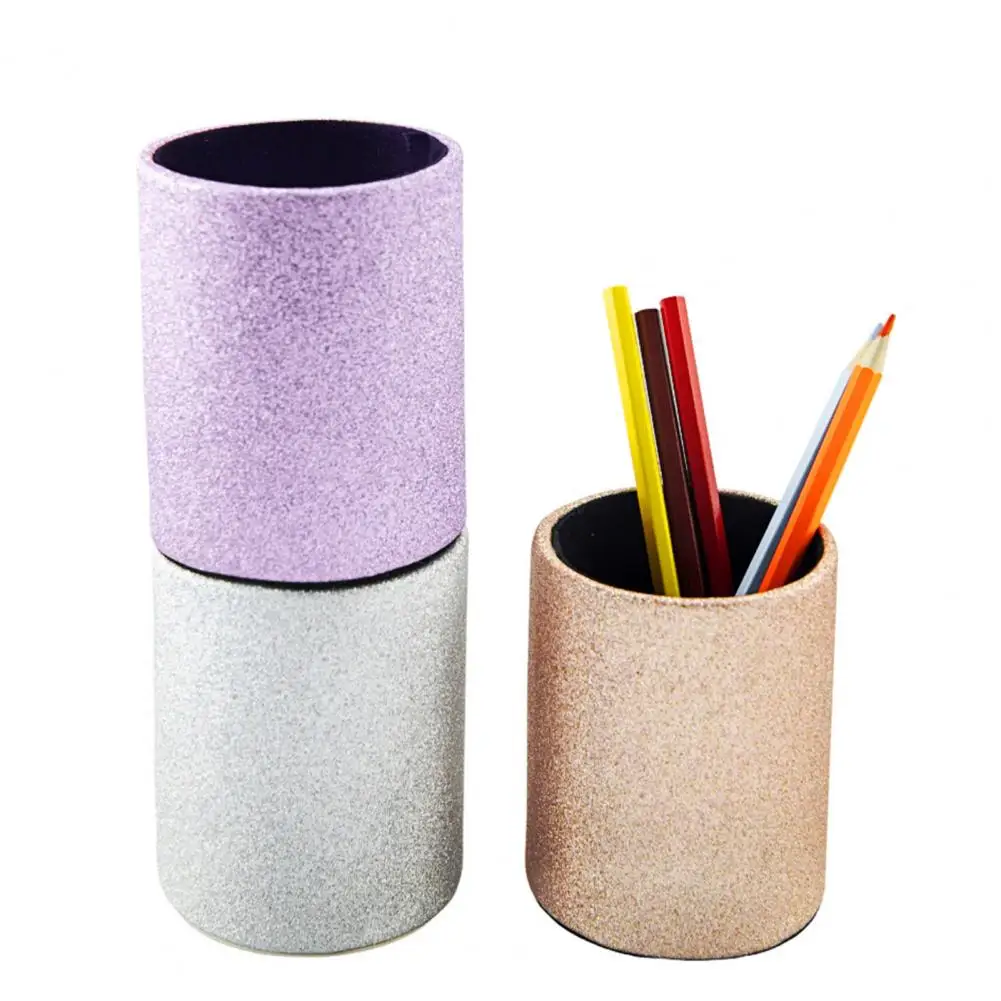 Faux Leather Round Pencil Holder Cup Desktop Pen Storage Organizer Stationery Scissors Container for Home School Office Dorm