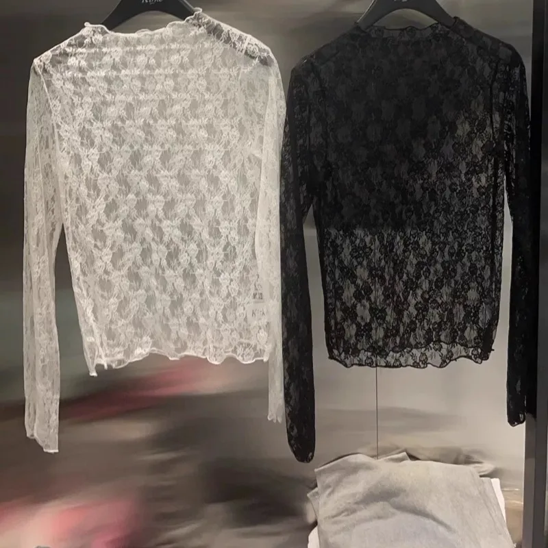 韓国風ローズレースブラウス レディース 2025 長袖 ラウンドネック シースルー 重ね着トップス