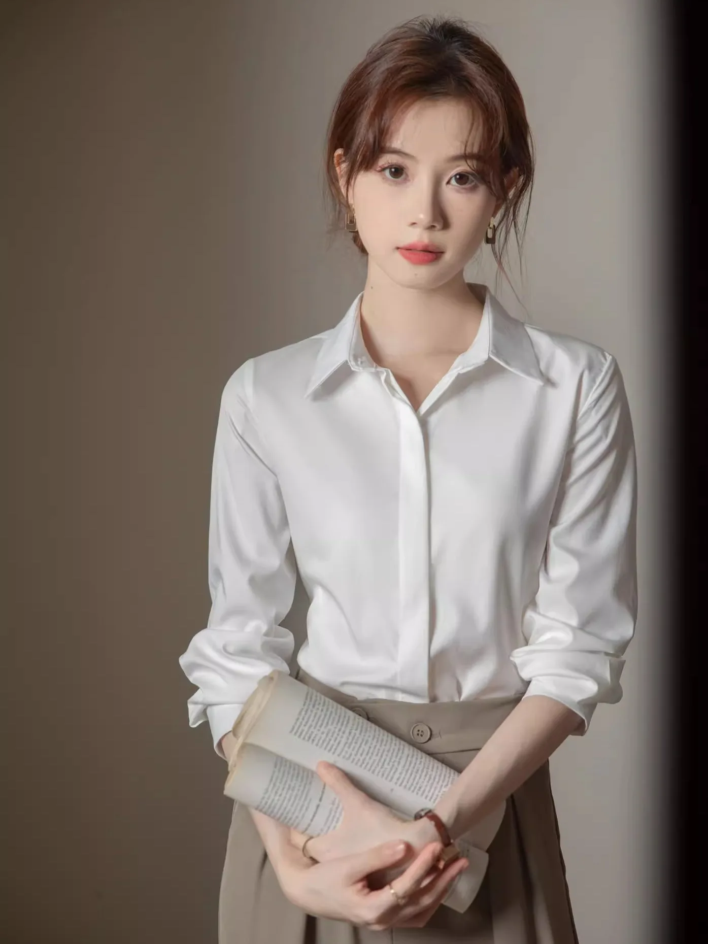 가을 겨울 티엔드 블루 여성용 롱 셔츠 전문가용 주름 방지 K 버튼 기본 셔츠 출퇴근 작업복