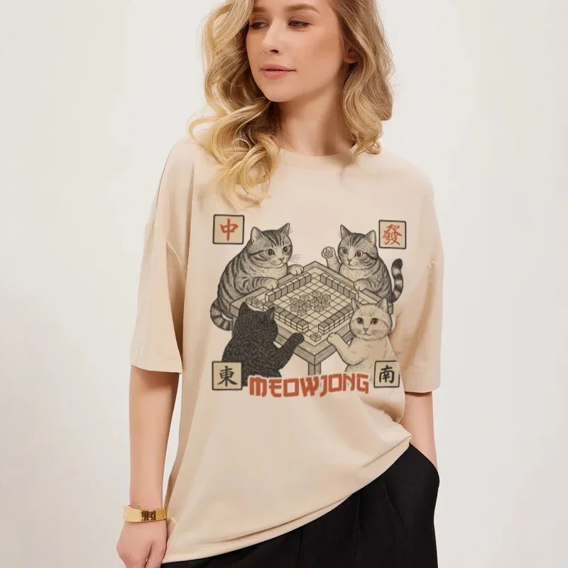 Meowjong Funny Meme Kitten T-Shirts for Women Cute Cat Lover Shirt Loose Retro Mahjong Graphic Tees Unisex Cool T Shirts Gift