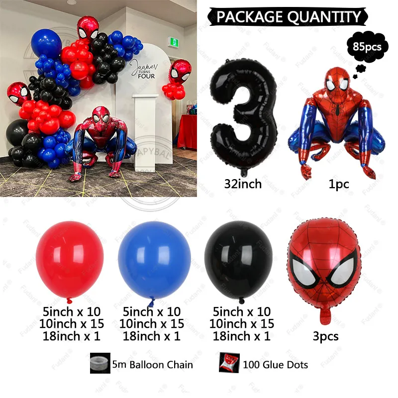 85pcs Red Blue Black Latex Balloon with 3d Spider-Man Balloon Kit Marvel Superhero-themed Balloons for Boy Birthday Party Decor