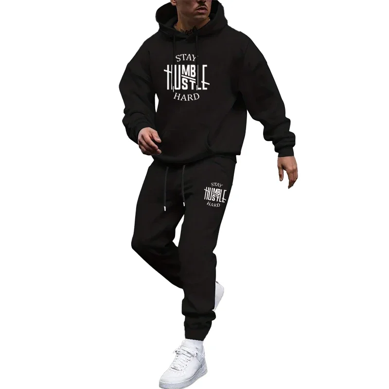 Men Hooded Tracksuit Hustle Hard Stay Humble Printed Sports 2 Pieces Set Pullover Sweatshirts Sweatpants Trousers Outfits