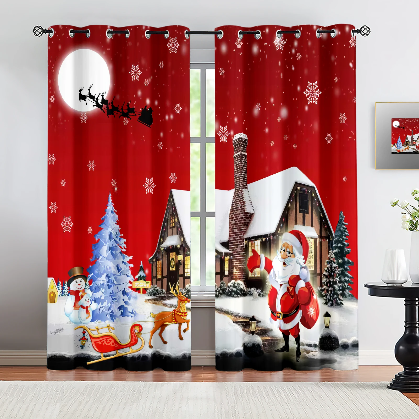 

Festive Red Christmas Santa Claus Sled Scene Window Curtain Grommeted Holiday Drapes for Living Room Bedroom Home Decor