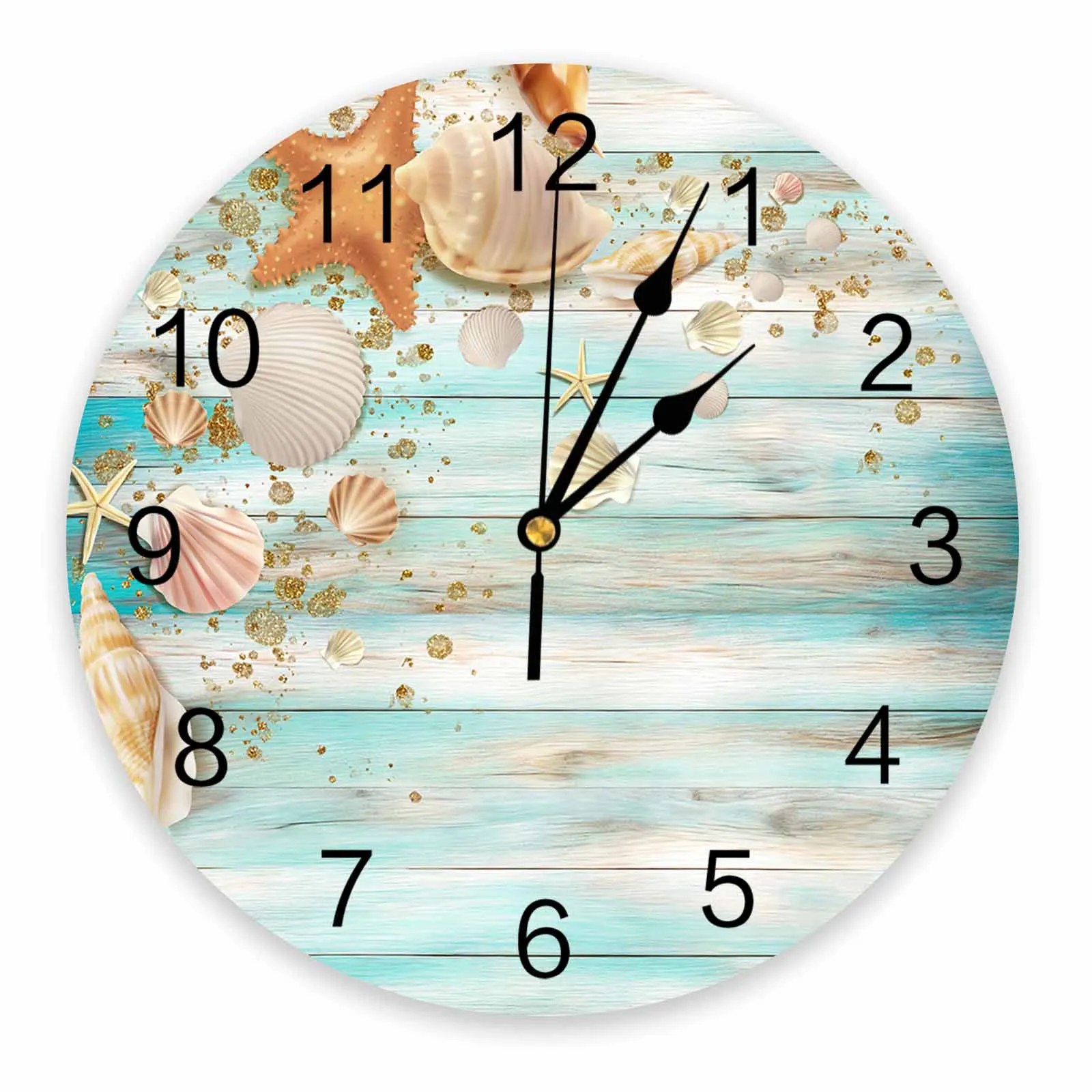 Shell Starfish Fences Summer Wooden Boards Printed Wall Clock Modern Silent Clock Living Room Home Decor Wall Hanging Watch