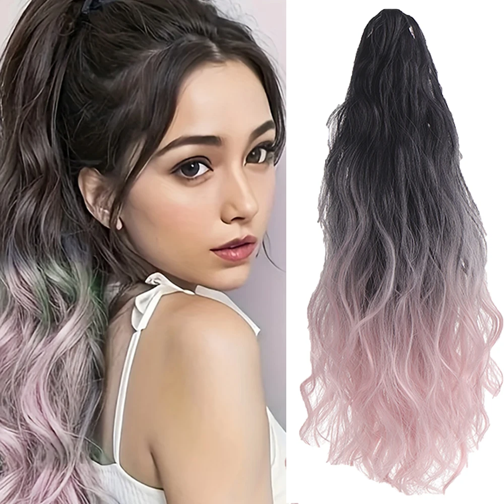 18-inch Synthetic ponytail hair extension wig gradient  water ripple claw clip in long curly wavy ponytail hairpiece for women