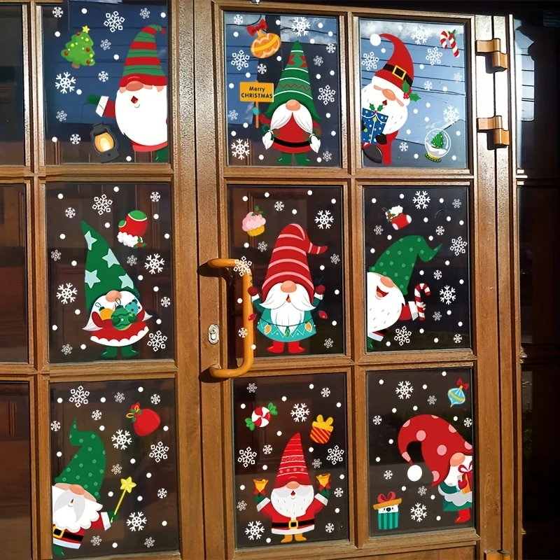 9-teiliges Set Weihnachtszwerg Santa Statische Aufkleber für Fenster Urlaub Zuhause Tür Partydekorationen Elektrostatische Adsorptionsaufkleber