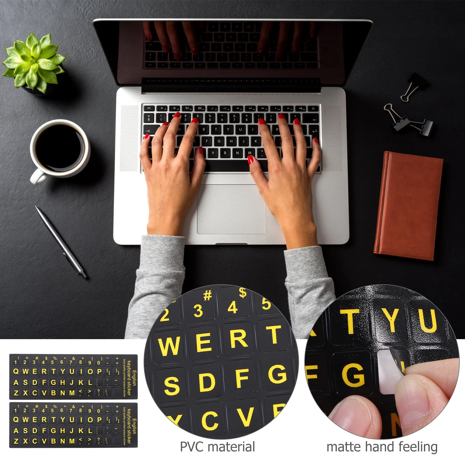 

6 Sheets Computer Keyboard Stickers English Laptop Replacement PVC Material Language Effect Universal Protective Film Yellow