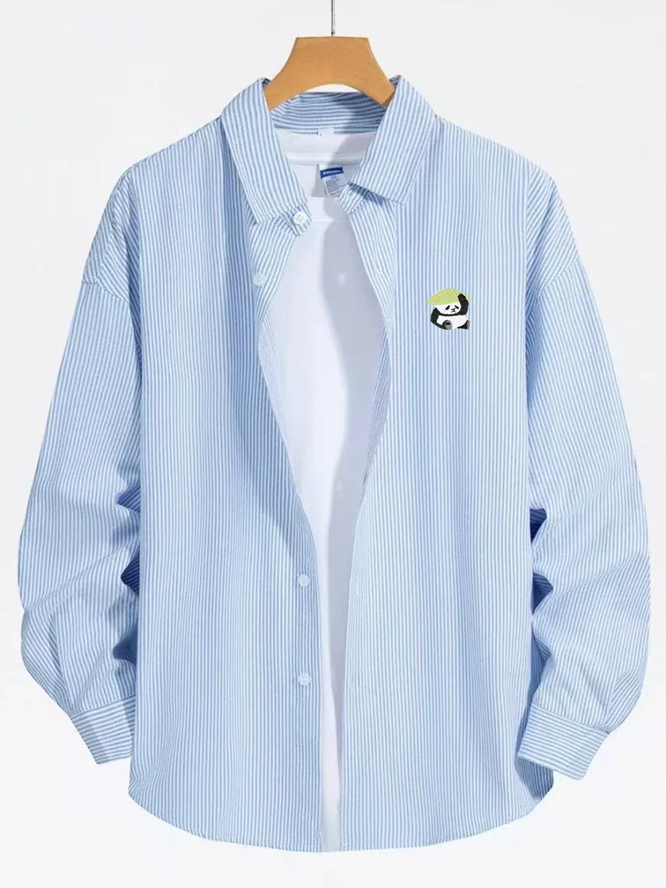 

Cartoon Kung Fu Hat Panda Long-Sleeve Striped Shirt, Spring and Autumn Men's Casual Versatile Daily Layering Shirt