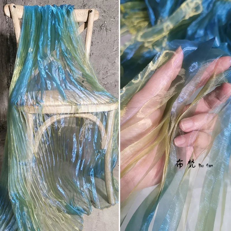 Ocean Theme Fabrics Mermaid Girl Illusion Laser Organ Pleat Pleated Fabric Original See-through Designer Fabrics