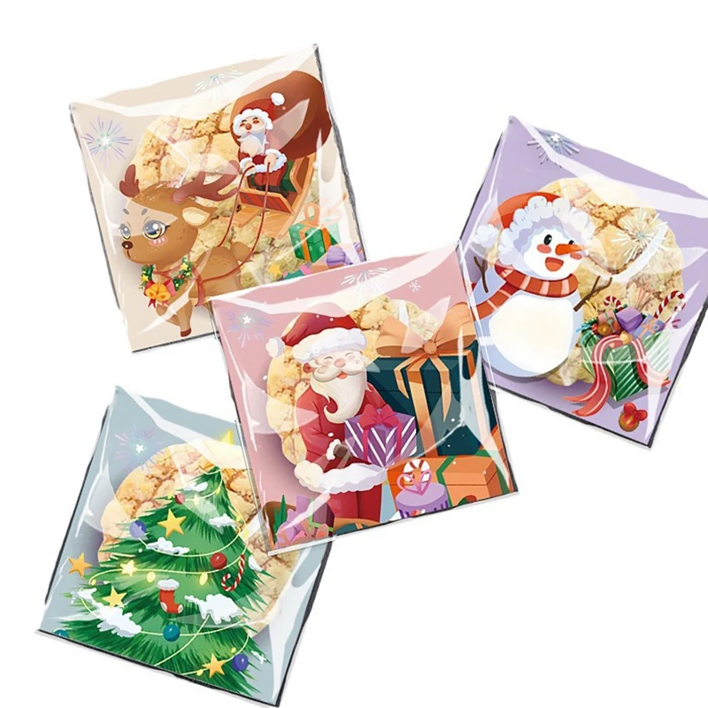 100pcs Christmas Candy Cookie Bags Cartoon Santa Claus Biscuit Gift Packaging Bag 2024 Merry Xmas Navidad Party Favor Supplies