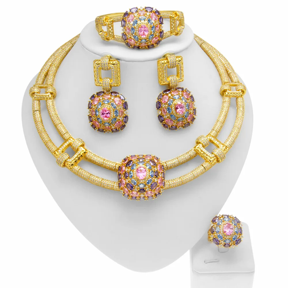 Yulaili hotsale luxury American colorful Zirconia Jewelry Set fine shiny factory Necklace Bracelet Earrings Ring Set For Wedding