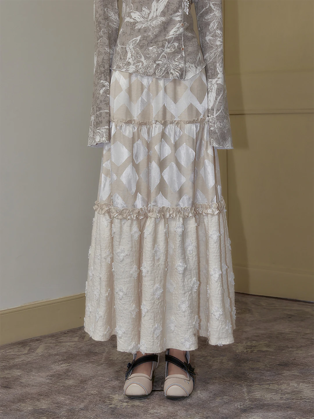 

SENSSELF Original Design Autumn Winter Vintage Lace Trim Folded Cotton Linen iny Cake Skirt f-length Skirt for Women