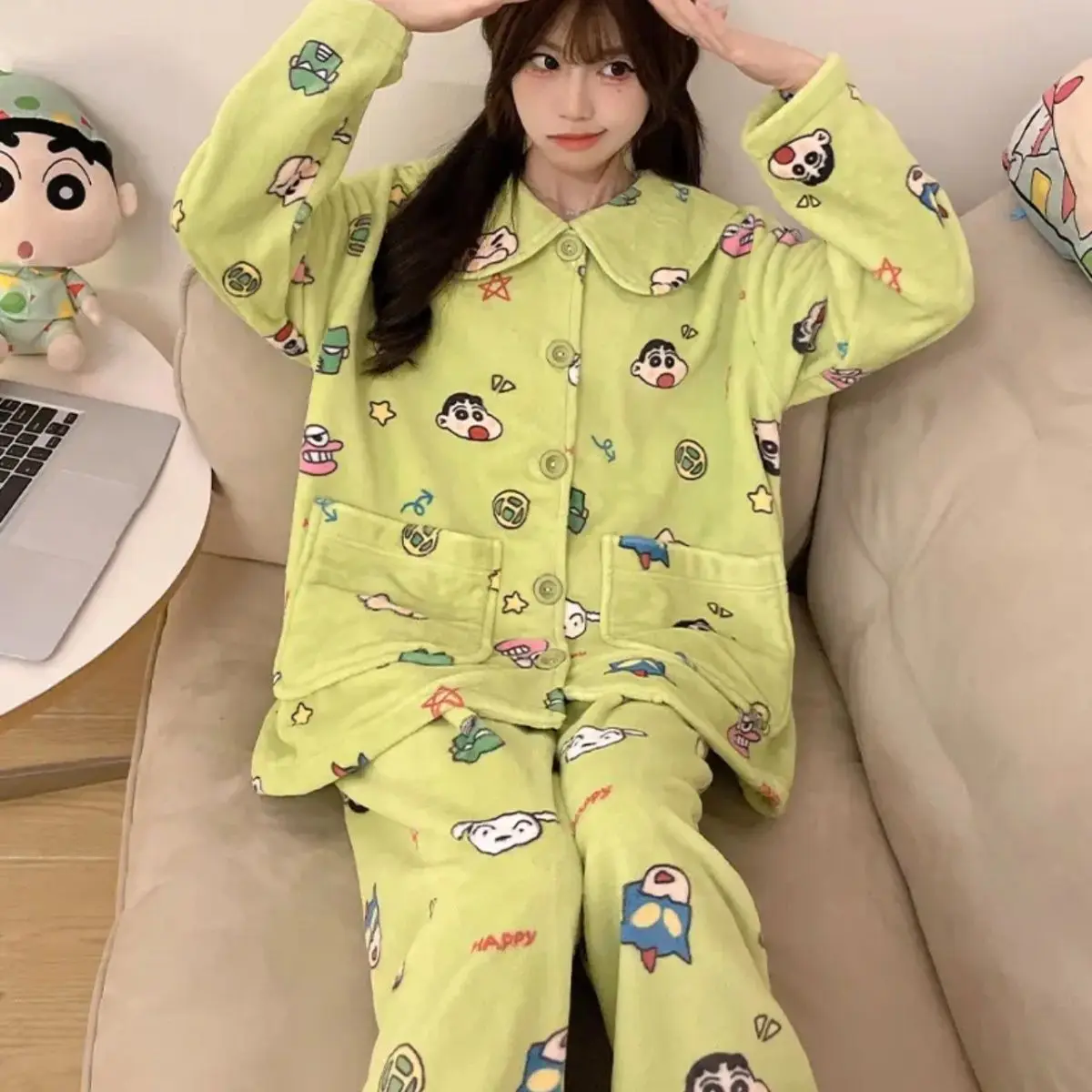 Ensemble de pyjama Crayon Shin-Chan pour femme, pantalon long à manches longues, glouton chaud, mignon, décontracté, salon, filles, hiver, nouveau, 2024