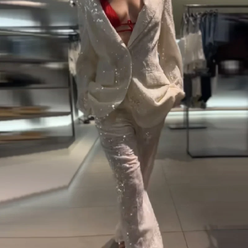 سترة أنيقة أنيقة مطرزة بطية صدر السترة سترة طويلة السراويل قطعتين سترات عصرية أنيقة ومتطورة معطف الخريف ملابس الشارع