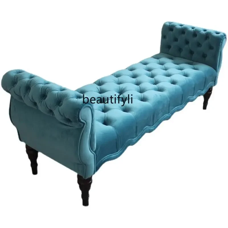 

American Nordic simple pull button bedside stool living room solid wood sofa stool velvet shoe stool