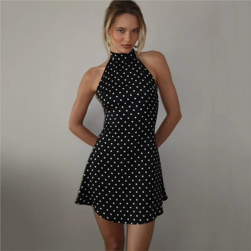 

Chic Polka Dot Halter Mini Dress For Women Elegant Off-shoulder Sexy Lace-up Sleeveless Backless Fashion Club Party Dress Robe