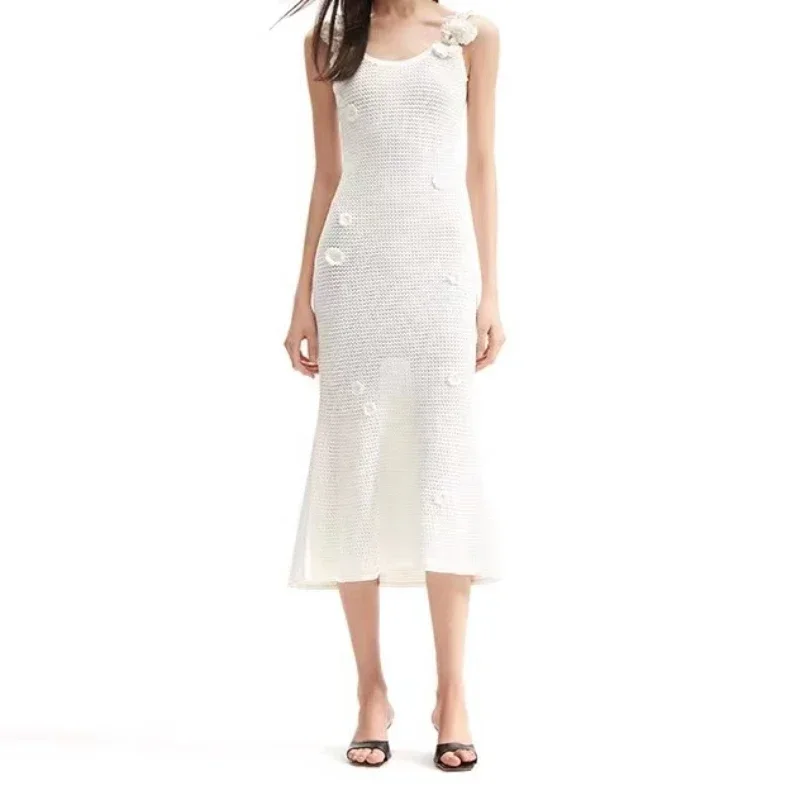 

Black White Three Dimensional Flower Decoration Knit Sleeveless Mermaid Dress 2024 New Arrival Summer High Quality Clothes