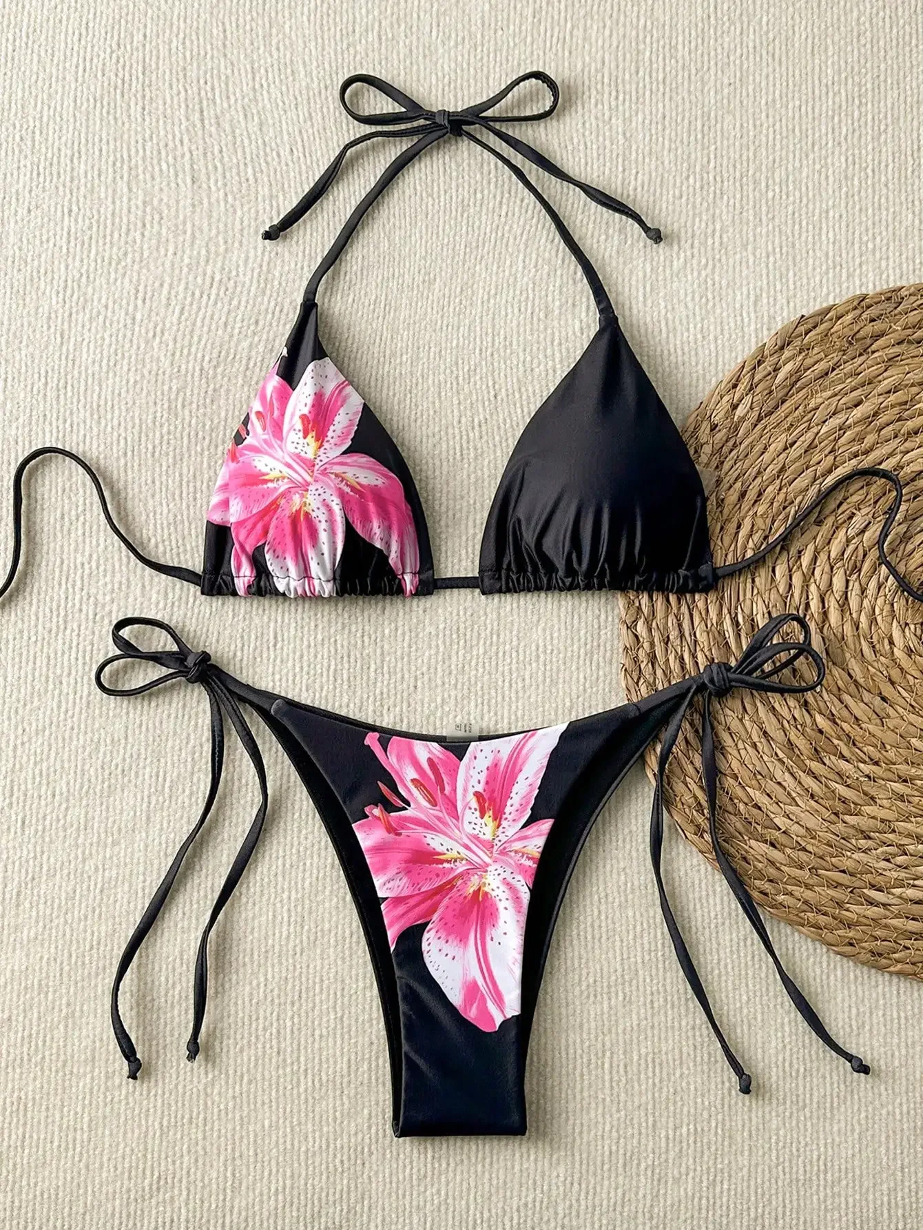 Conjunto de bikini con estampado floral para mujer, top triangular con lazo y parte inferior triangular con lazo, para vacaciones de verano en la playa, color negro CV