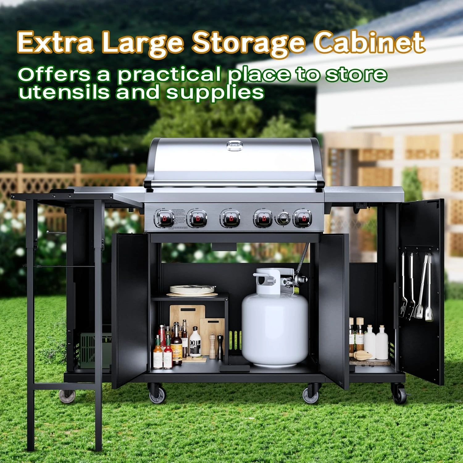 52000BTU 5 Burner Stainless Steel Outdoor Kitchen Propane Grill Island with Side Burner NG Convertible for Patio