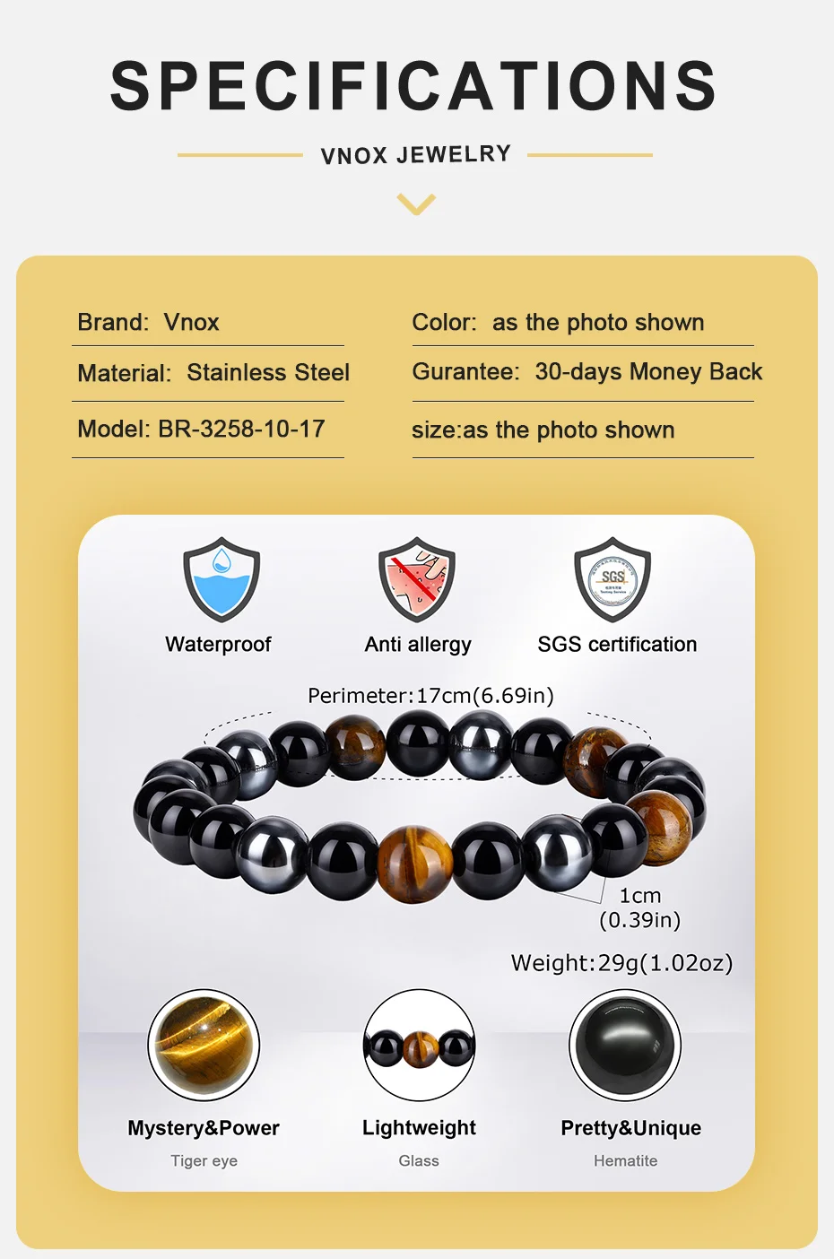 Vnox 6/8/10mm Breites Perlenarmband für Männer, Tigerauge Hämatit Schwarzes Glasstein Stretch-Armband, Elastischer Handgelenkschmuck Geschenk – Detail 4