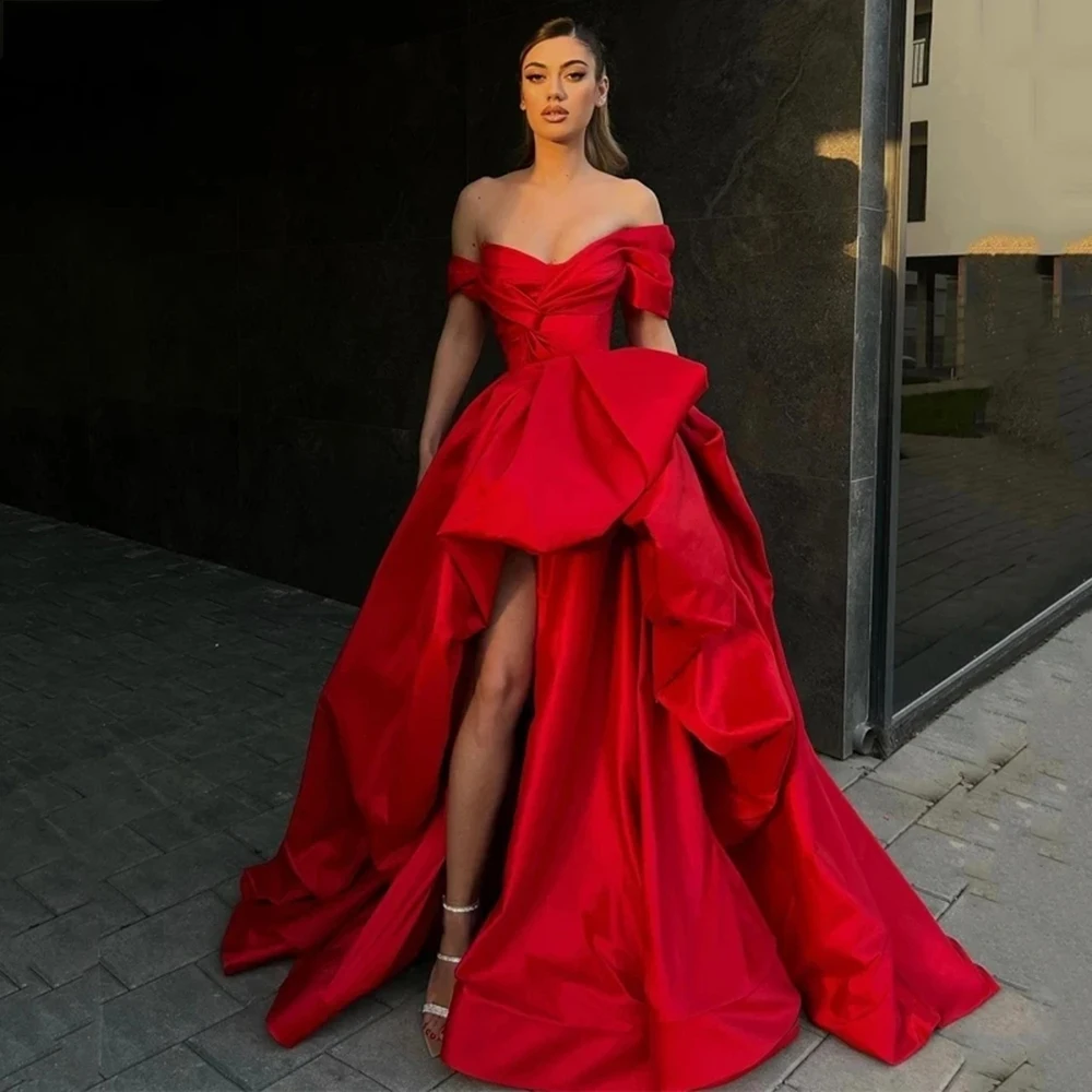 

Yipeisha Elegant Red A-Line Evening Dress Off The Shoulder Sexy High Split Prom Dress High Quality Floor Length Prom Gowns