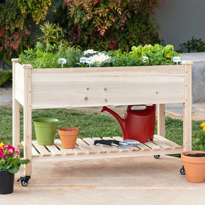 Outdoor Wooden Raised Garden Bed Planters Flower Plant Bed Hochbeet Planter Box With Wheel