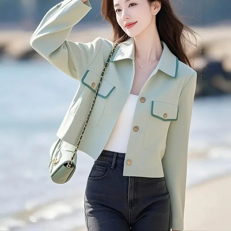 Korean Short Coat Women's Spring Autumn Super Fire Age-Reducing Temperament Small High-Grade Sense Unique Super Nice Green Top