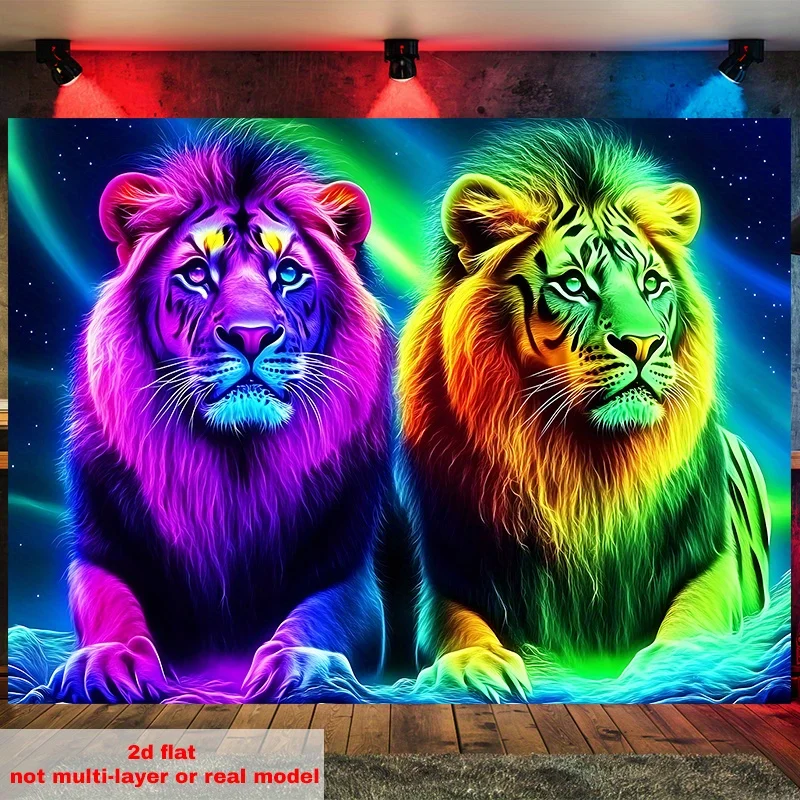 VIKAMA Cyber Neon Double Lion Wandteppich, Esports Room, bunter dekorativer Teppich, Schlafzimmer, Wohnzimmer, Sofa, dekorativer Wandteppich