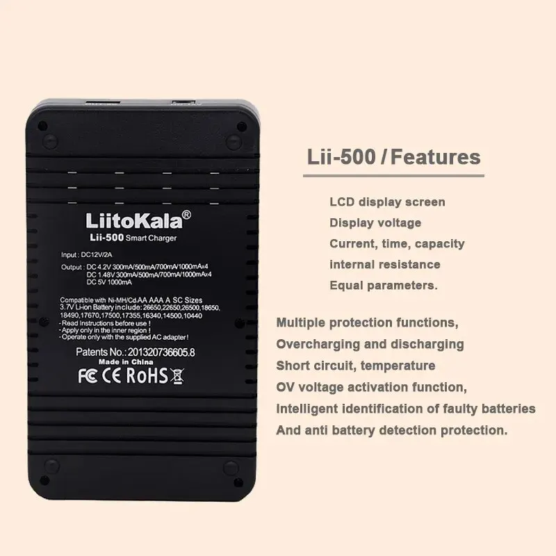 LiitoKala Lii-500 LCD 3,7 V/1,2 V AA/AAA 18650/26650/16340/14500/10440/18500 Ładowarka z ekranem + adapter 12V2A