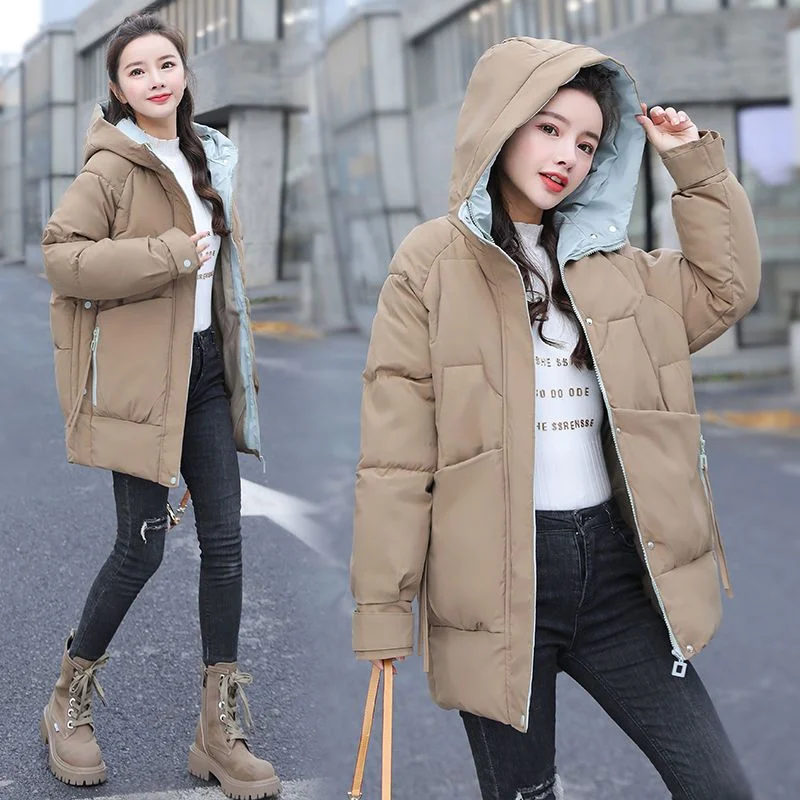 Winter 2023 Women's New Korean Cotton Jacket Loose Down Cotton Top Mid-length Hooded Jacket Thickened Cotton Coat