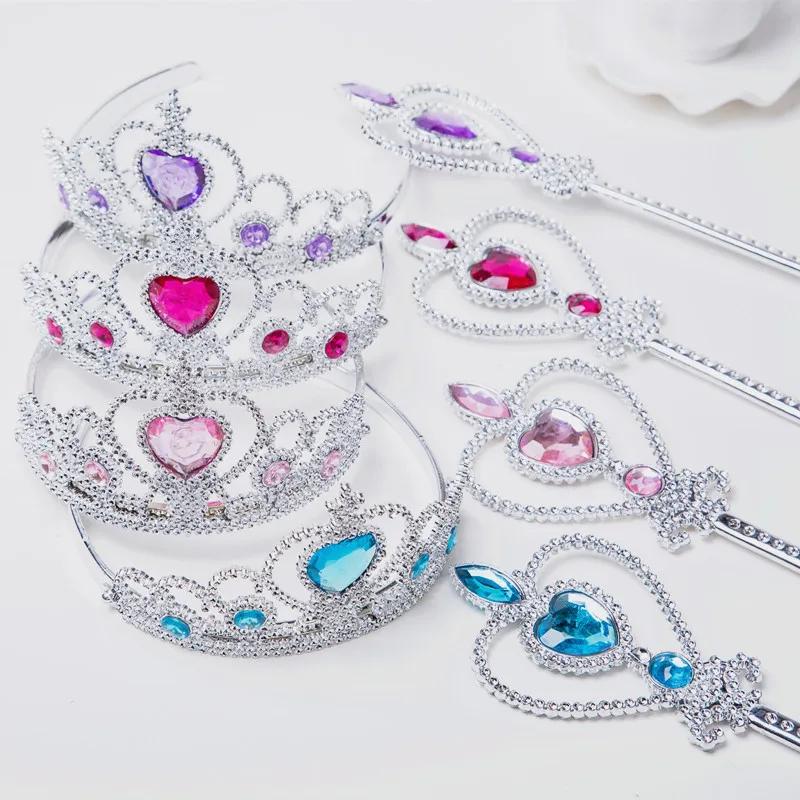 Girls Princess Crown Magic Wand Accessories Party Cosplay Elsa Anna Rhinestone Headband Hair Bands For Kids Hairbands Gifts Toys