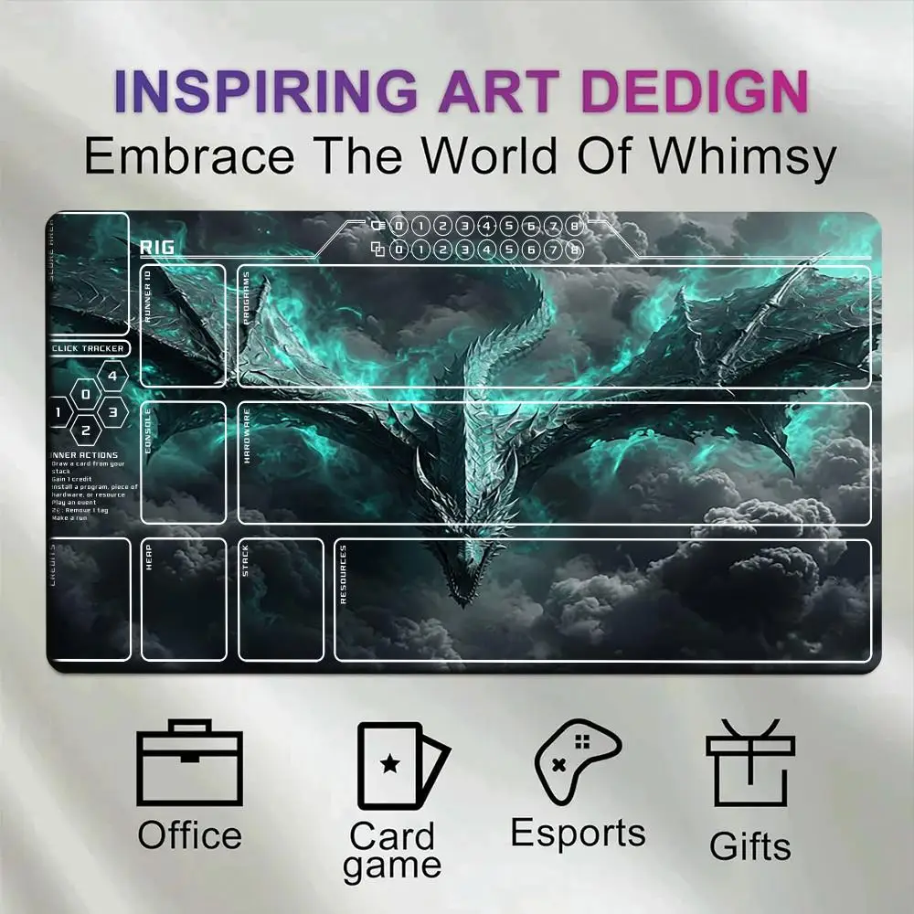 Unique Teal Storm Emerald Dragon Art TCG Playmat Complete Zone Layout, Large Non-Slip Rubber Fantasy Trading Card Table Pad