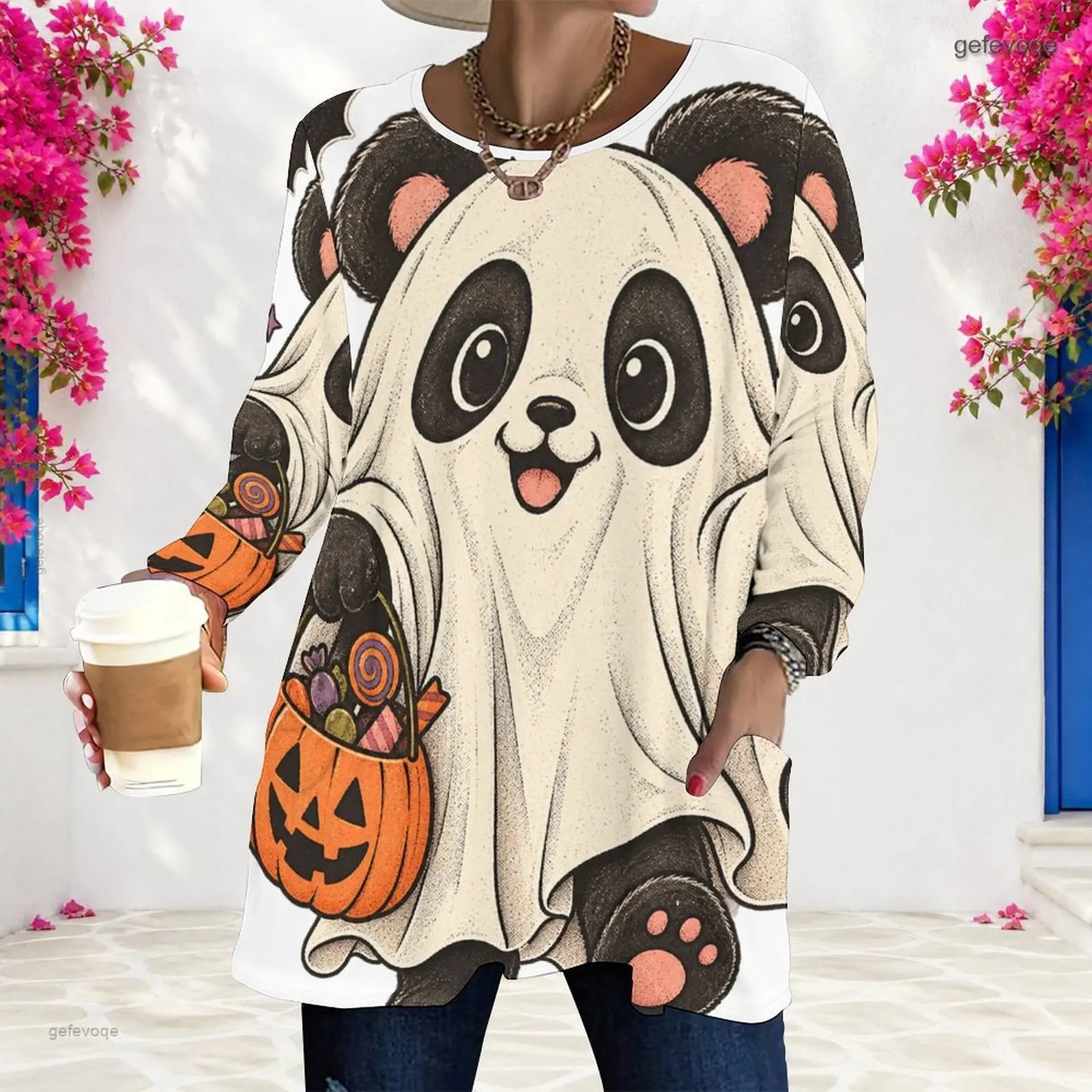 Women Halloween Panda Ghost Printed Round Neck Long Sleeve Loose Longline Top With Pockets