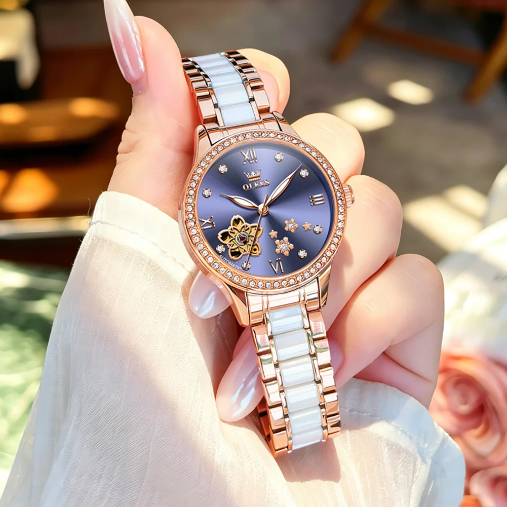 OLEVS Rose Gold Ceramic Bracelet Automatic Watch for Women Diamond Bezel Hollow Floral Dial Waterproof Luxury Ladies Wristwatch
