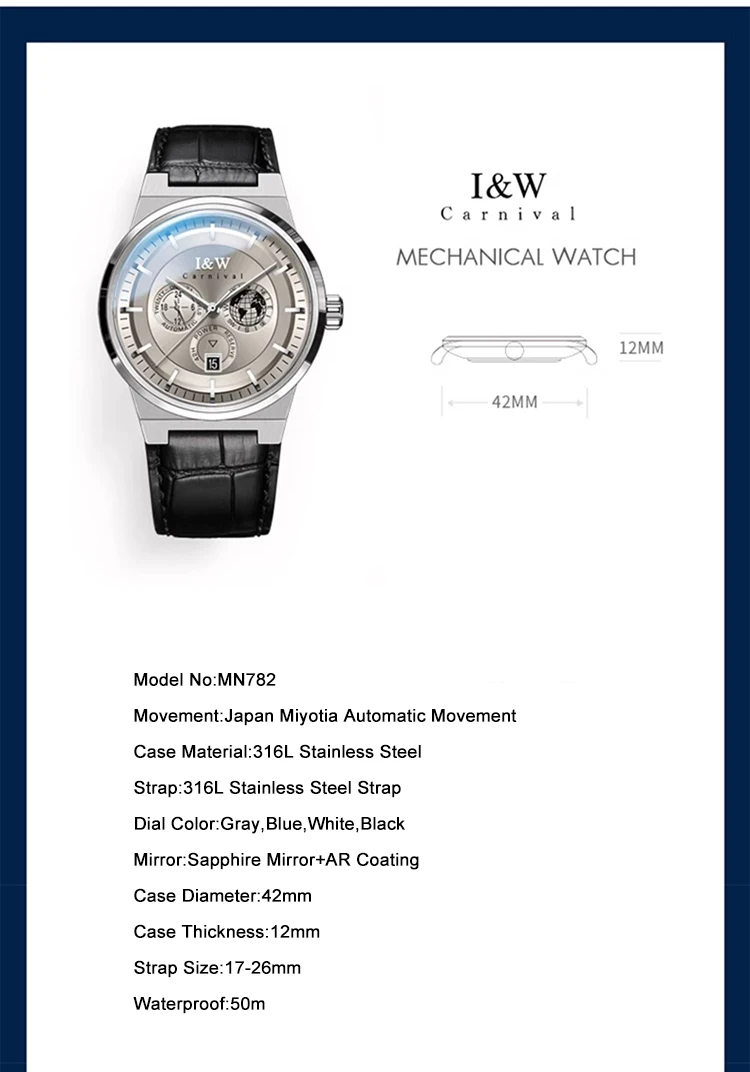 I&W Men Automatic Watch 42mm Luxury Mechanical Wristwatch Sapphire Mirror Luminous 50m Waterproof  Miyota Movement Date 24 Hours