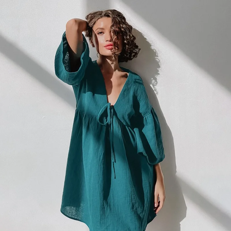 Loose Night Dress Women Cotton Peplum Half Sleeve V Neck Sleepwear Female Spring Casual Woman Dresses Solid Sleepwear Pajamas