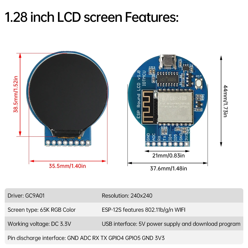 1.28 Inch TFT LCD Display Module Round LCD Breakout Board RGB 240*240 GC9A01 Driver SPI Interface 240x240 PCB For Arduino