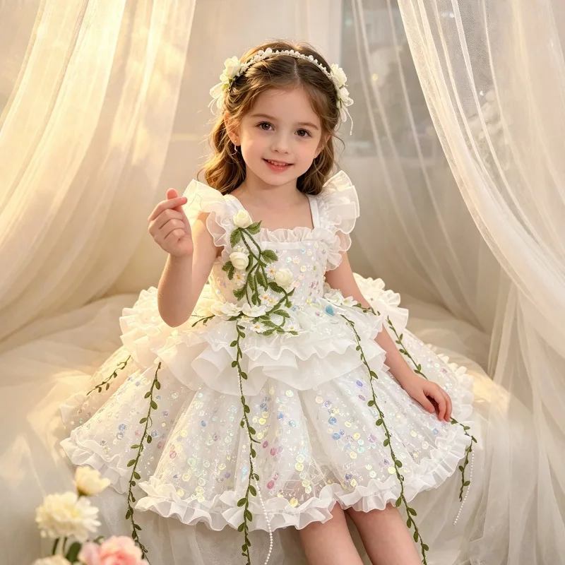 White Sequins Kids Lolita Princess Dress Ruffle Sleeveless 3D Floral Vine Decor Ruffled Tulle Skirt Wedding Flower‑girl Outfit
