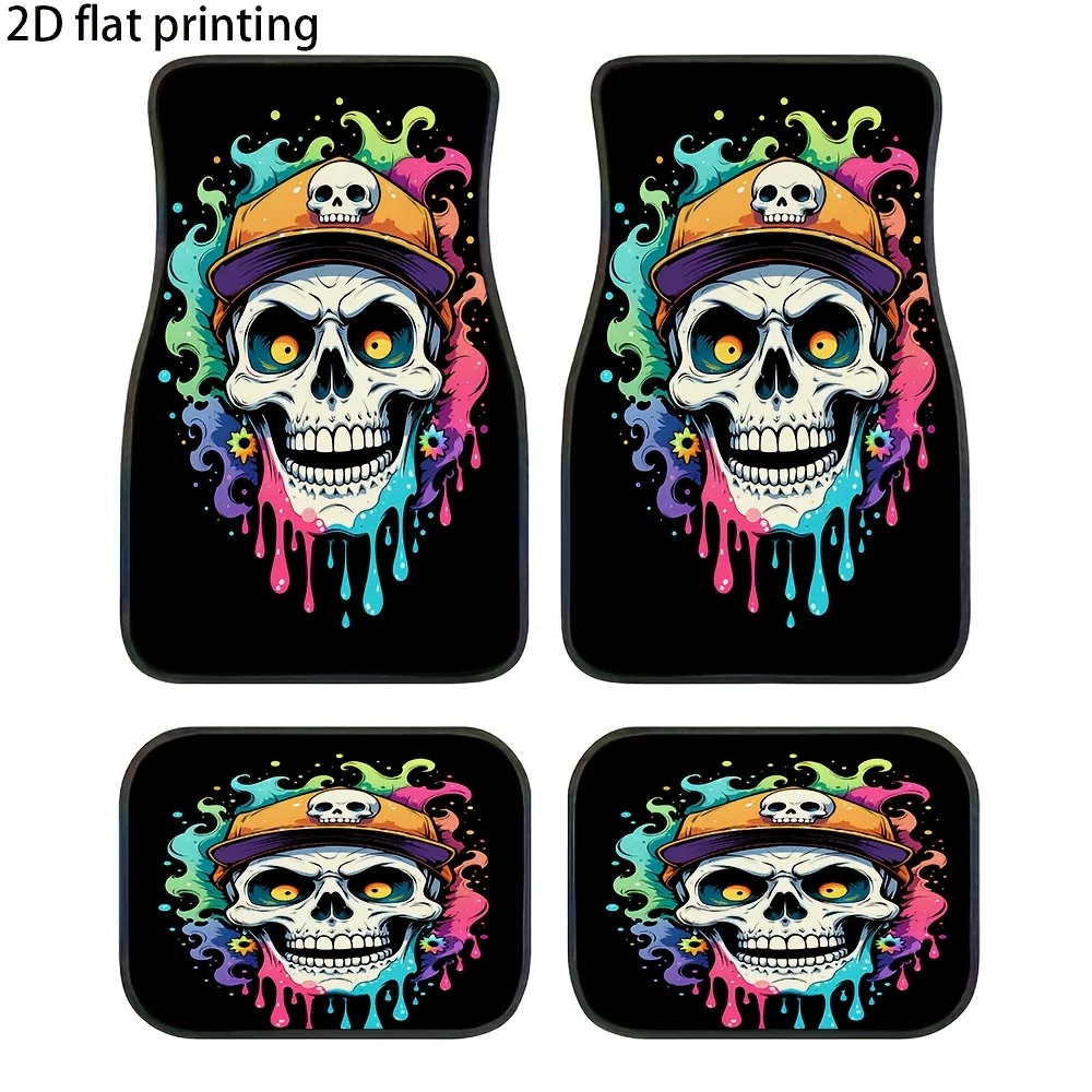 Set Of 4 Car Floor Mats Featuring A Vibrant Skull Design With A Baseball Cap, Made To Last And Easy To Maintain, Fits Most Sedan