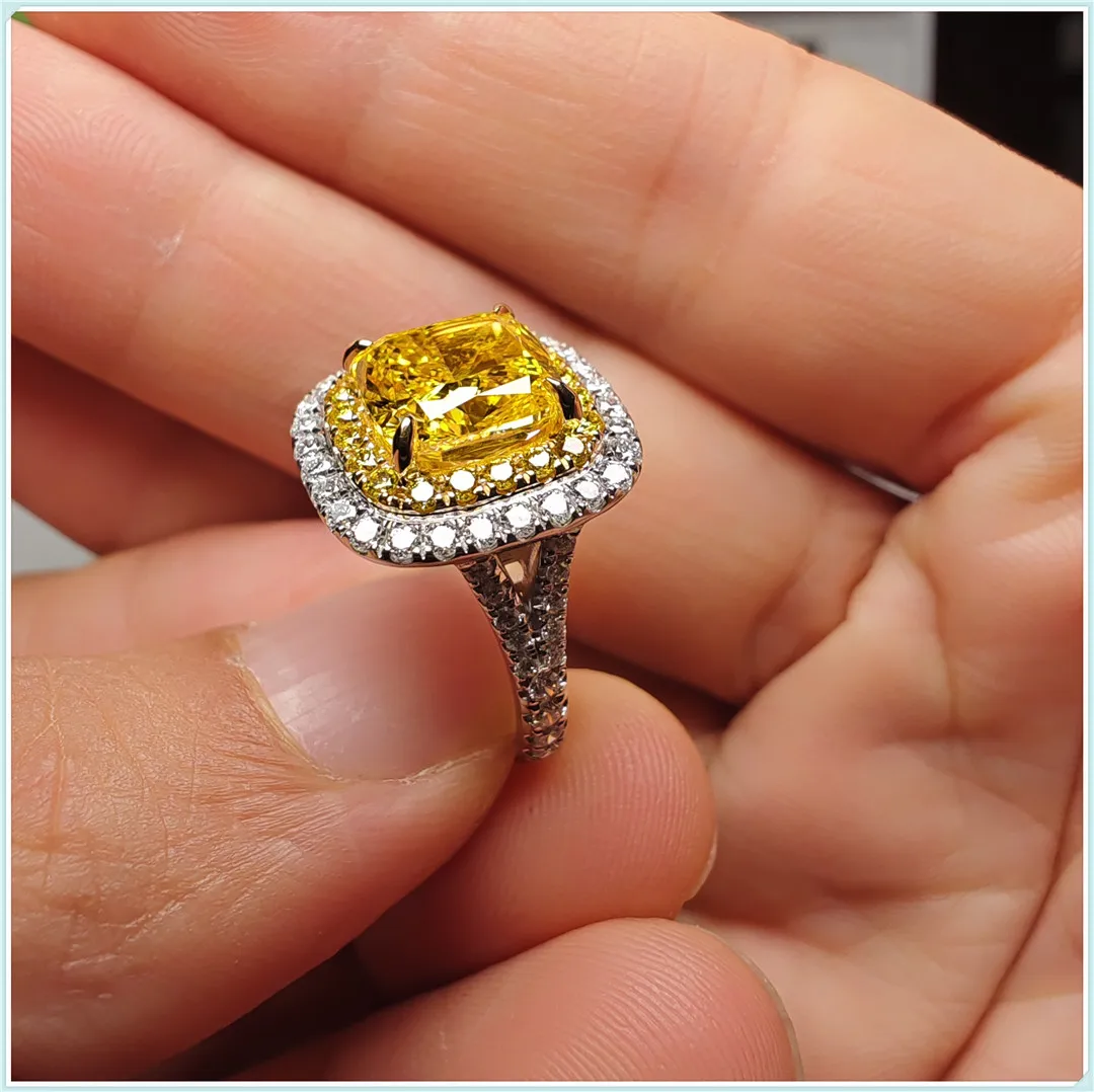 18K gold bred diamond Yellow diamond FVY HPHT CVD artificial diamond wedding ring square circumference Y arm custom wholesale