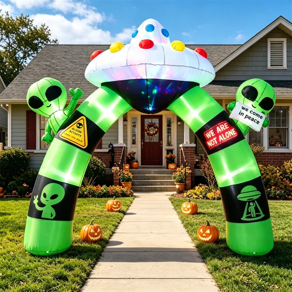 Halloween Decorations 10.5FT Inflatable Alien Archway with Built-in LED Lights,Blow Up Alien UFO Arch for Yard Garden Decor