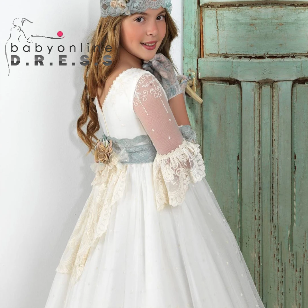 

BABYONLINE Customized Bohemian Fairy Girl Communion Dress Blue Lace Belt Beige Lace Dresses Sheer Sleeve bow A-line Maxi Gowns
